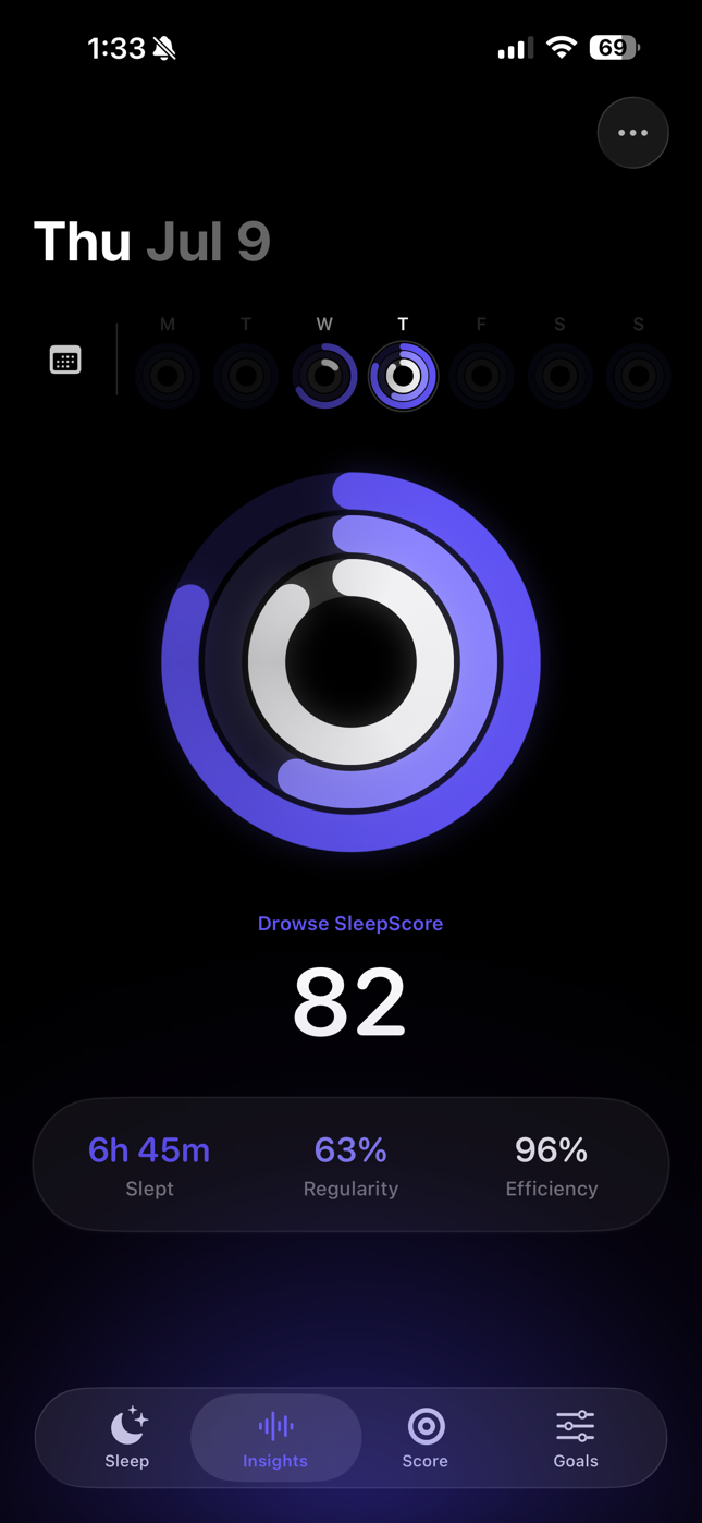 Drowse Insights tab showing SleepRings and a SleepScore of 82