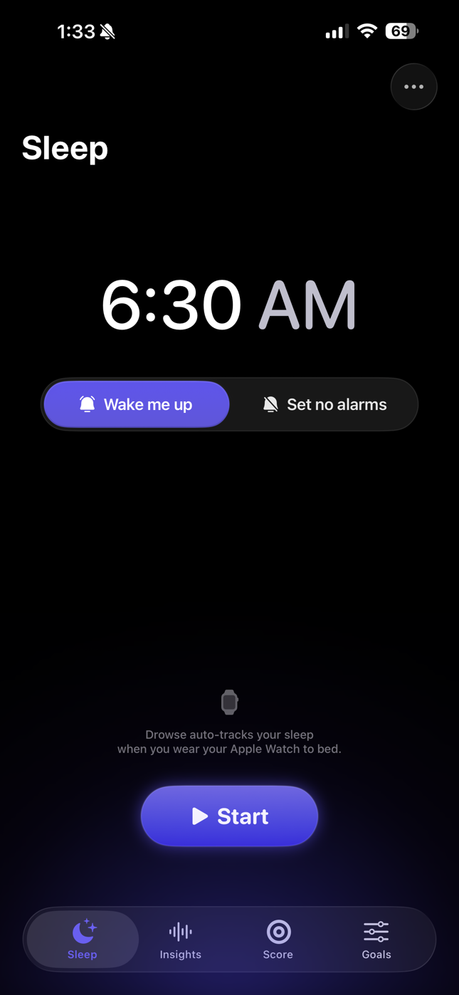Drowse Sleep tab with a 6:30 AM alarm set and the Start tracking button