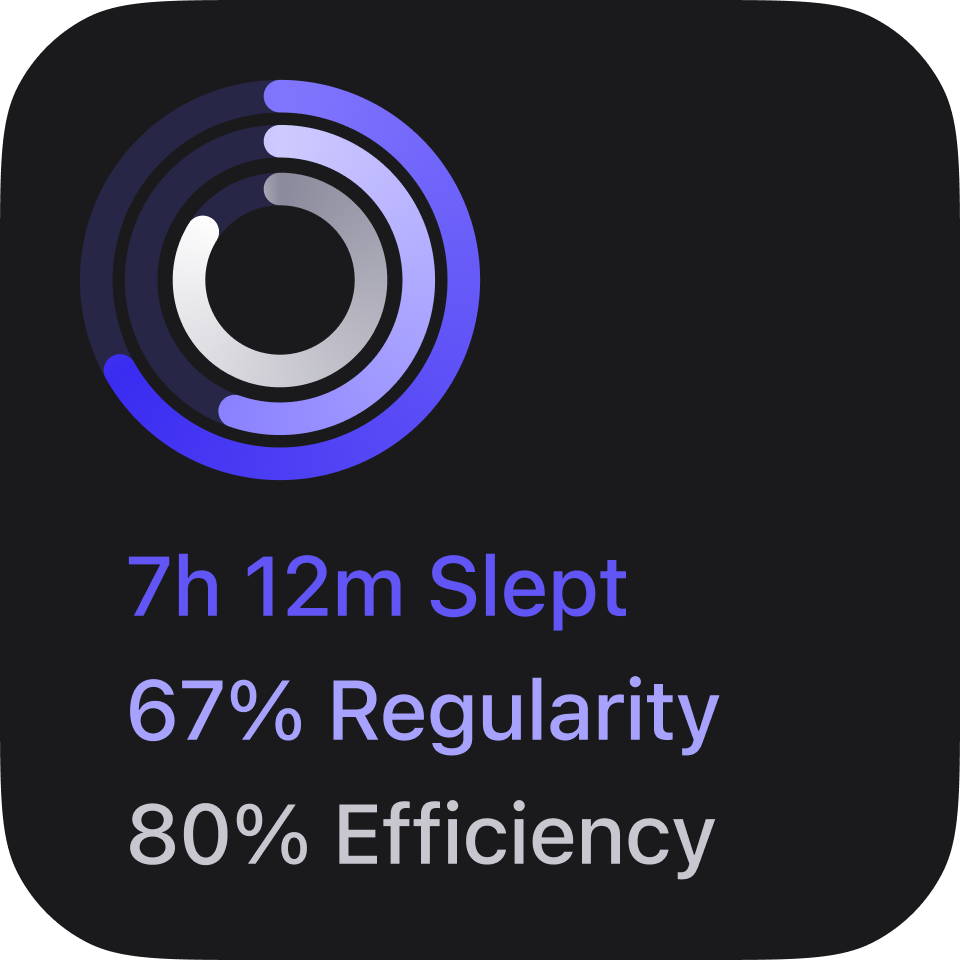 Drowse rings widget showing slept, regularity, and efficiency progress